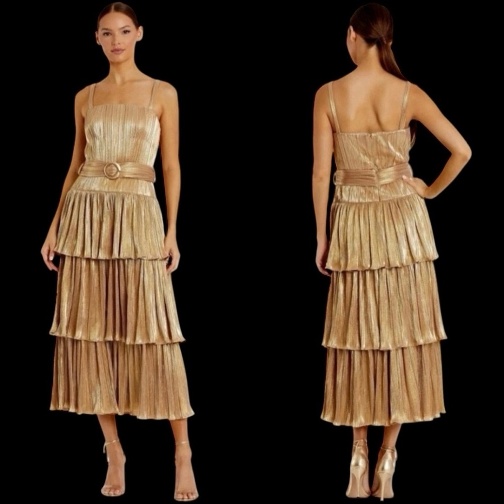 Ieena For Mac Duggal Liquid Gold Tiered Belted Shimmer Ruffle Dress Formal NWT